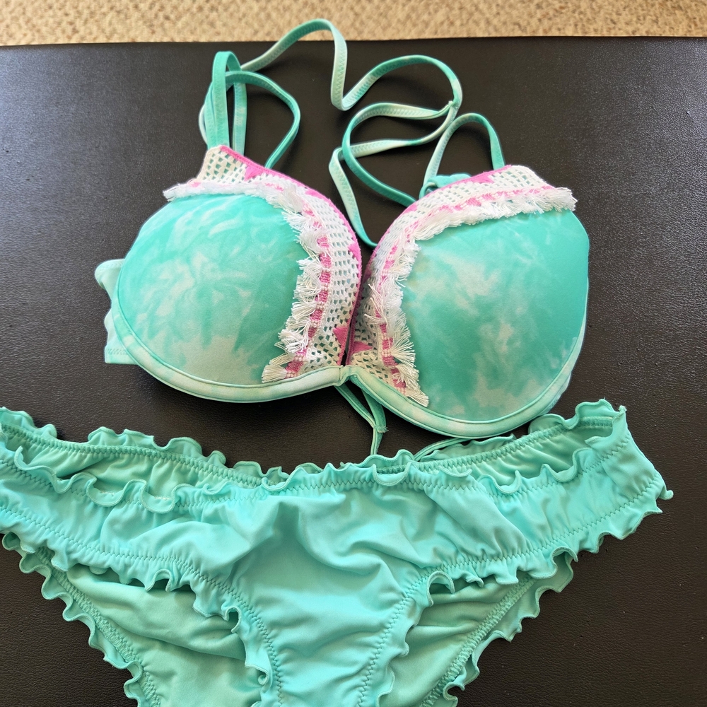 Shade & Shore Aqua Tie-Dye Ruffle Bikini with Pink Trim